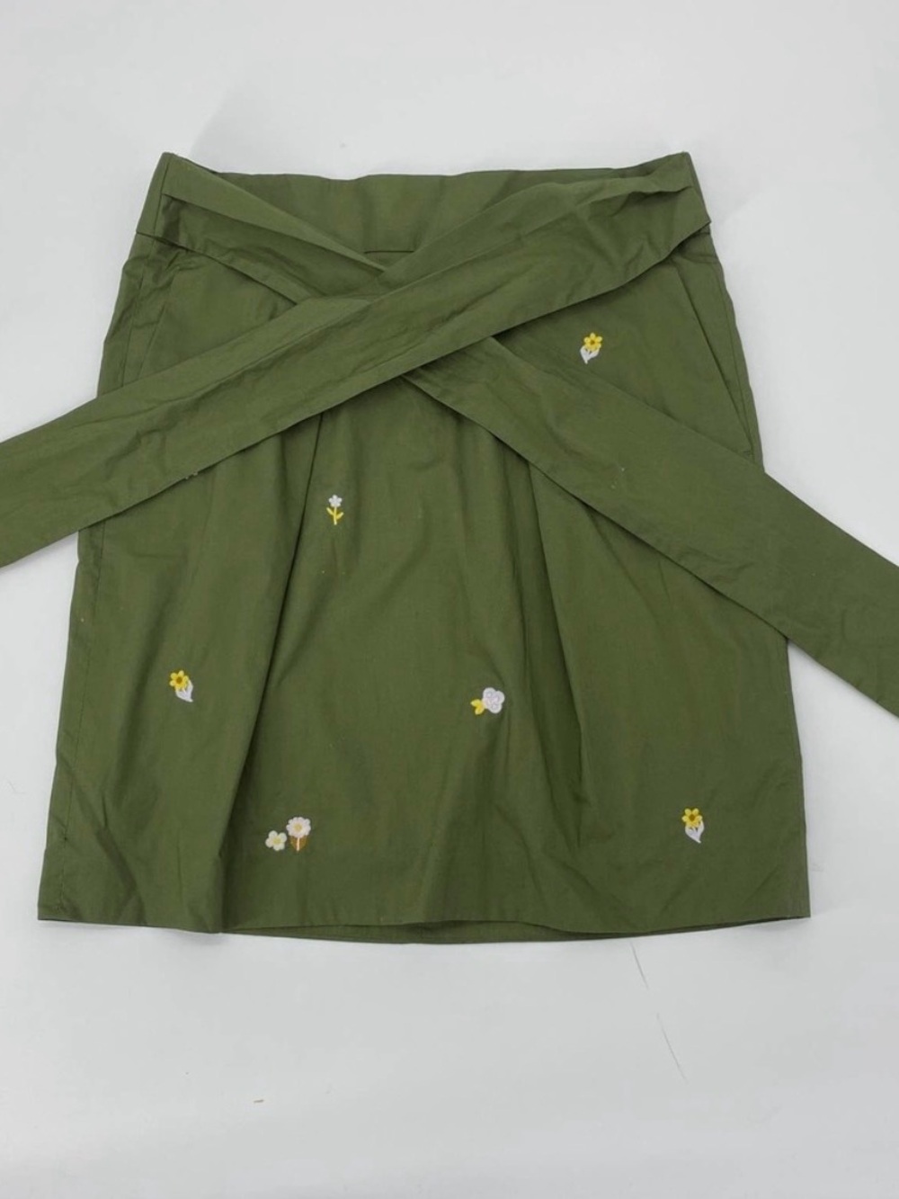 J Crew Olive Green Floral Embroidered Faux Wrap Skirt Size 8 Tall